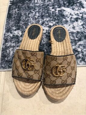 Gucci Brown GG Canvas Espadrille Slide Mules with Gold Double G
